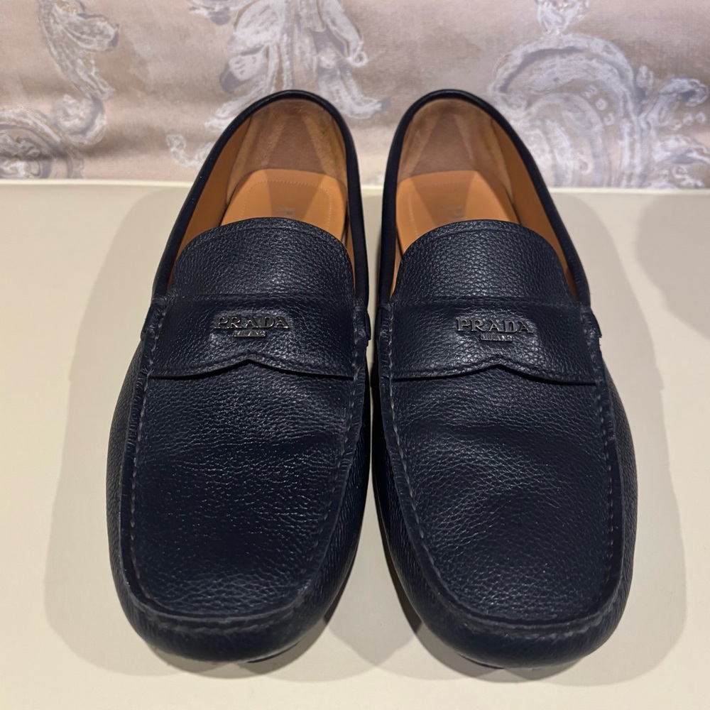 Prada Men's Dark Blue Leather Loafers